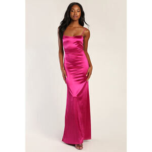 Lulus Perfect Elegance Fuchsia Satin Backless Ruched Maxi Dress Pink - Size L